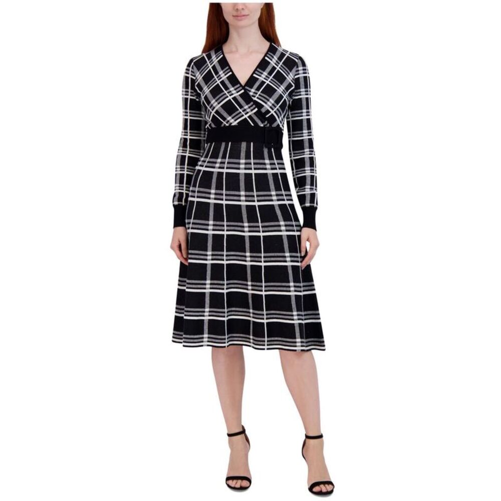 Signature by Robbie Bee Womens Plaid Knit Surplice Sweater Dress, NWT